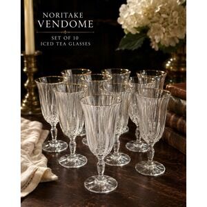 Noritake Vendome Gold Crystal Iced Tea Glasses Set of 10 Stemware
